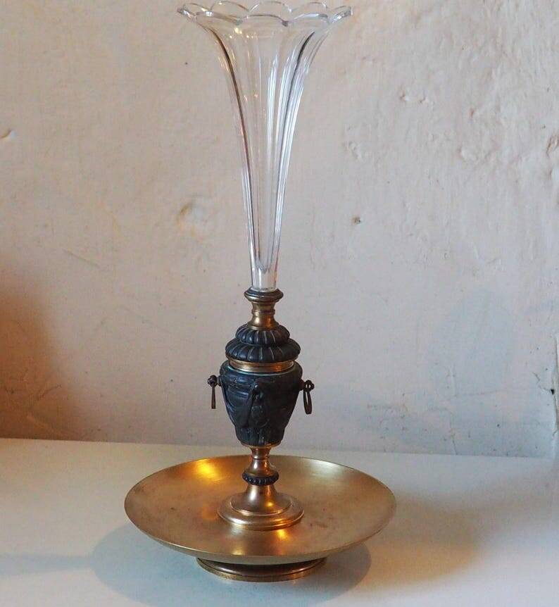 French antique crystal bronze and brass cornet soliflore vase from the early 1920s.