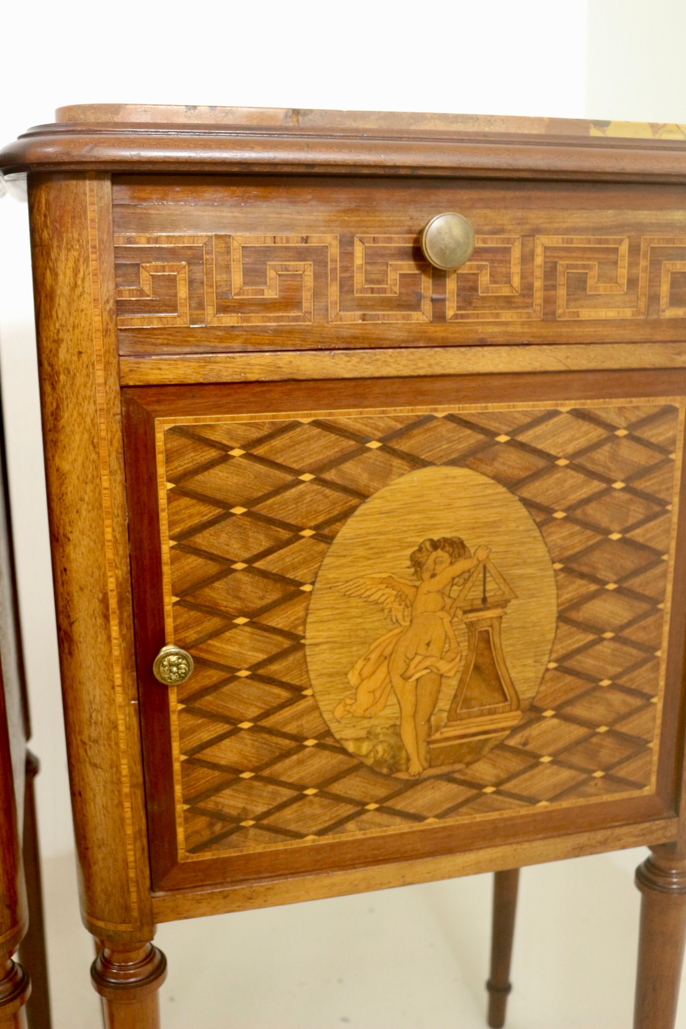 Pair of marquetry bedside tables decorated in marble façade Brèche d'Aleppo. Ref Toulouse.