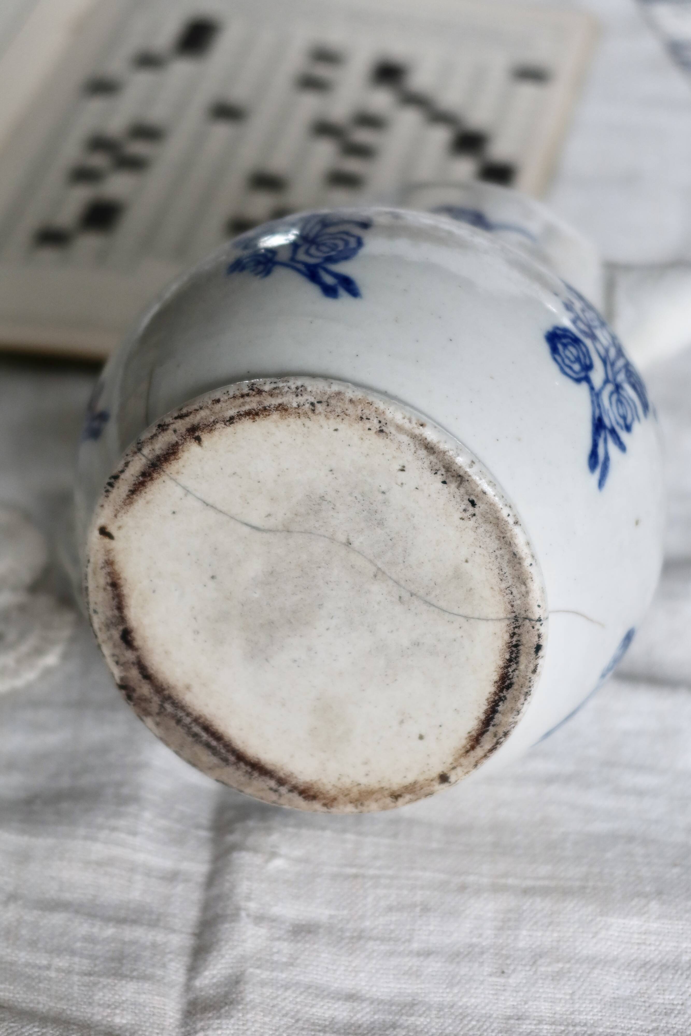 Antique Saint-Uze steel clay pitcher with cobalt blue floral pattern