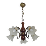 French Mid-Century Bronzed Metal & Wood 5-Light Chandelier with Glass Shades
