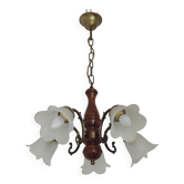 French Mid-Century Bronzed Metal & Wood 5-Light Chandelier with Glass Shades