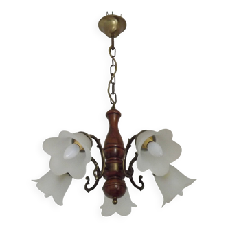 French Mid-Century Bronzed Metal & Wood 5-Light Chandelier with Glass Shades