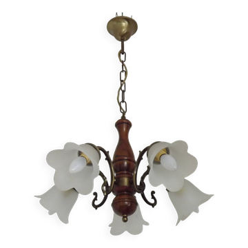 French Mid Century Bronzed Metal & Wood 5 Light Chandelier Glass Shades