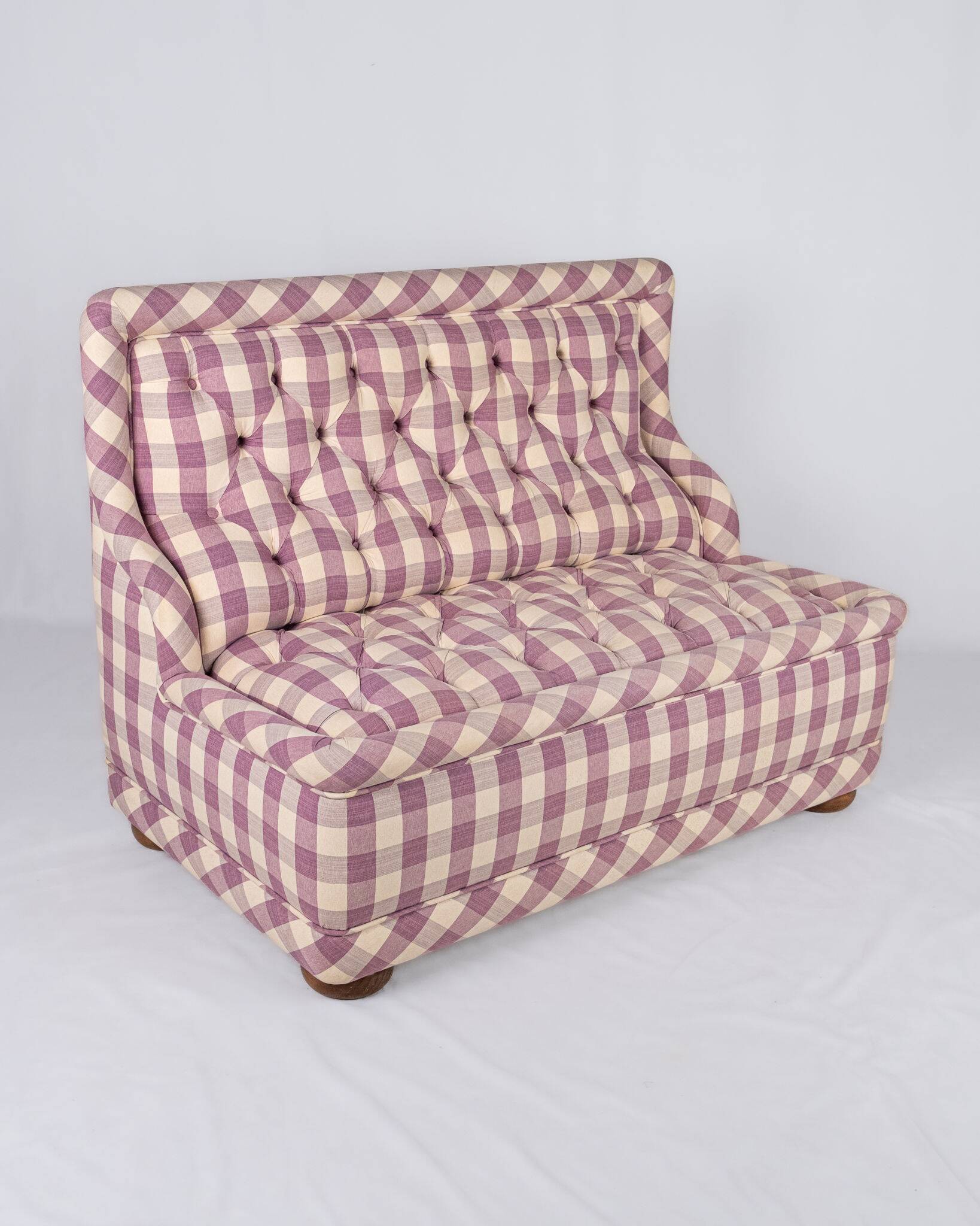 Upholstered bench in mauve and cream Vichy fabric, France, 1970s