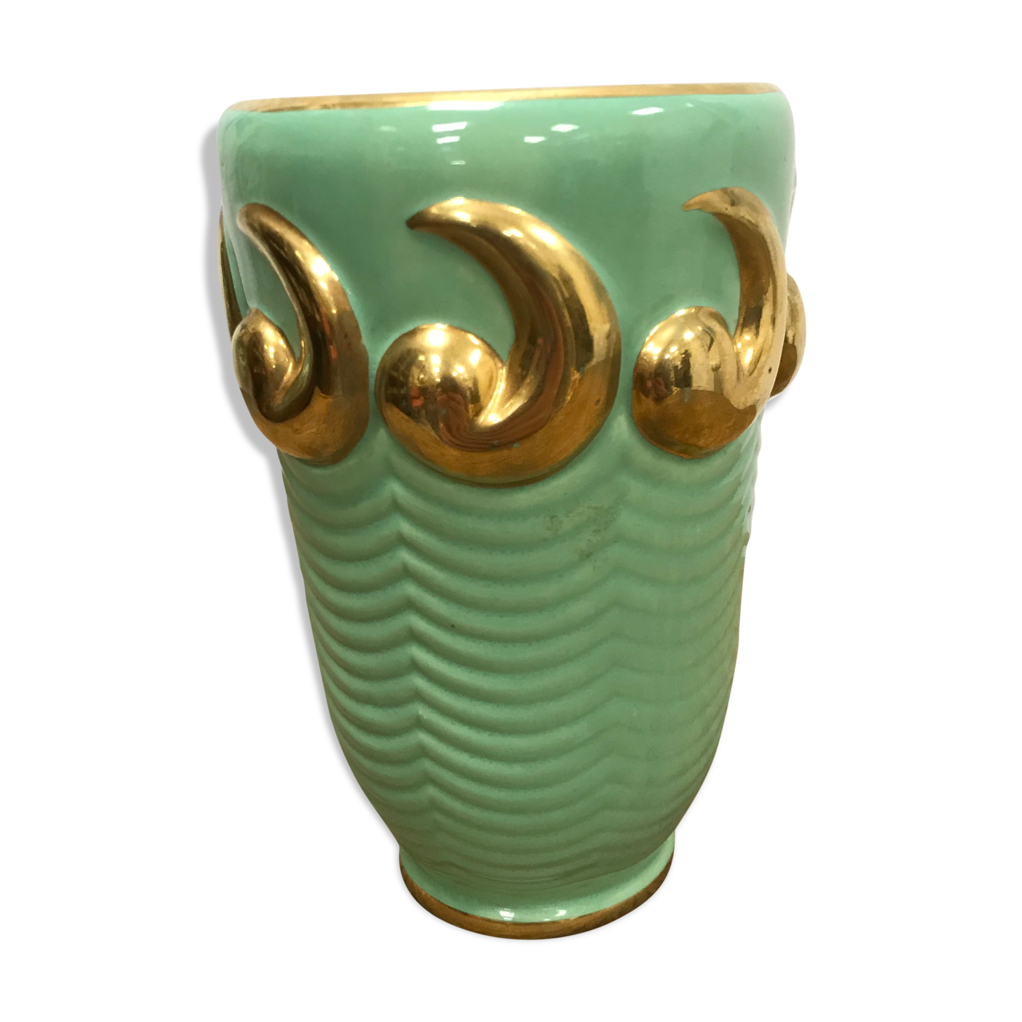 Green and gold ceramic vase