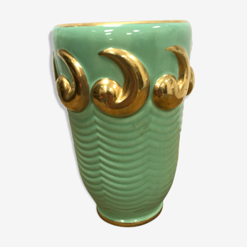 Green and gold ceramic vase