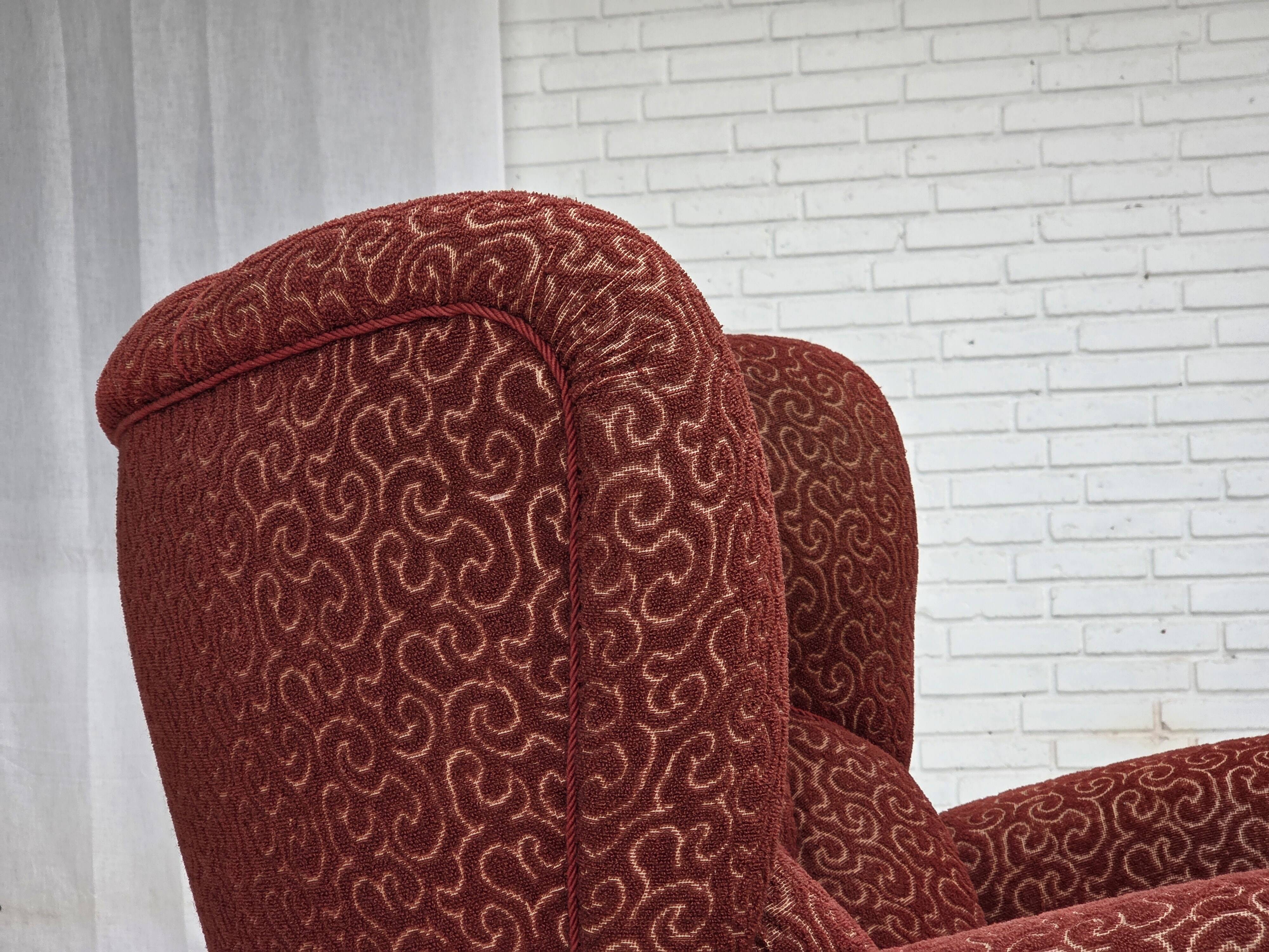 1960s, Danish relax armchair, original red furniture wool, oak wood legs.
