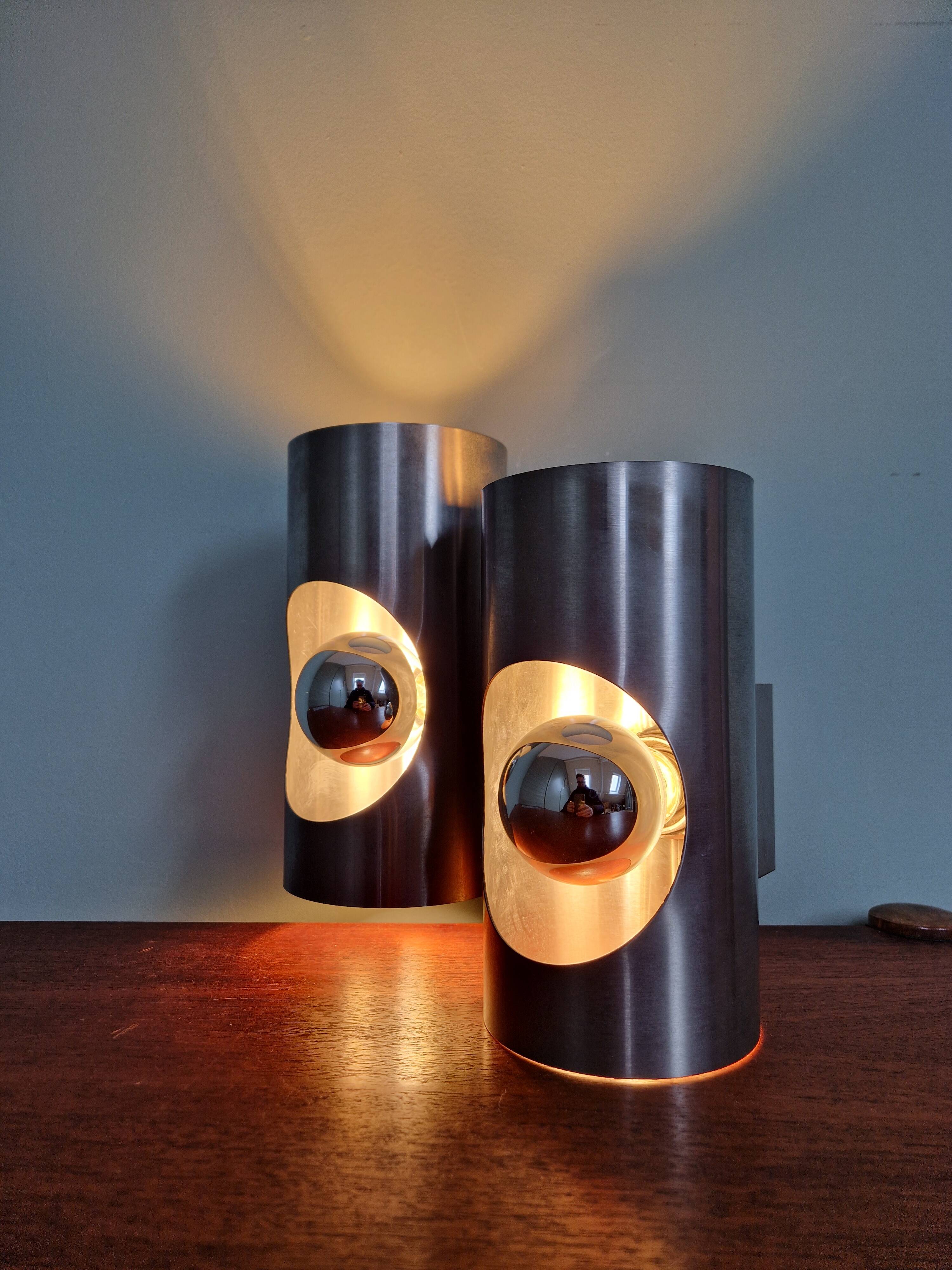 Space Age double wall lamp, in brushed aluminum, 1970s