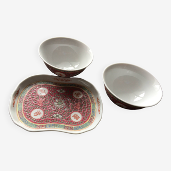set of 2 cups and small tray in Chinese porcelain