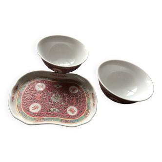 set of 2 cups and small tray in Chinese porcelain