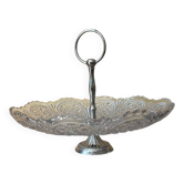 Plateau de service vintage en verre pressé et métal – XXe siècle