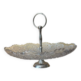 Plateau de service vintage en verre pressé et métal – XXe siècle