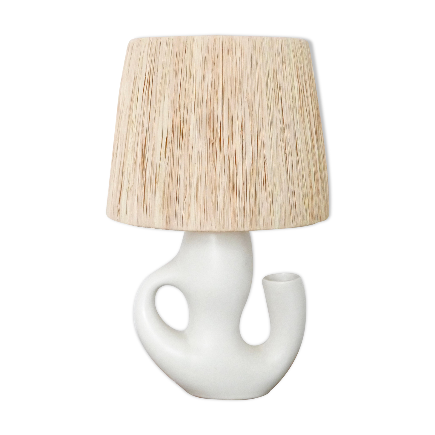 Revernay ceramic white lamp, raffia lampshade, 1950s