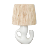 Revernay ceramic white lamp, raffia lampshade, 1950s