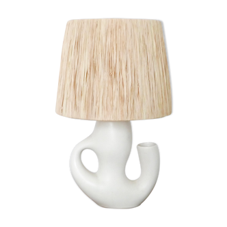 Revernay ceramic white lamp, raffia lampshade, 1950s