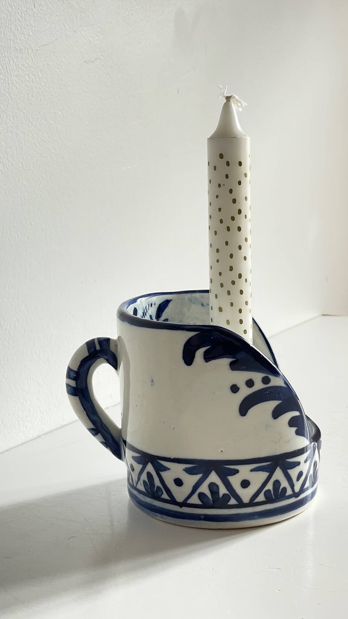 Blue ceramic hand candle holder vintage craft