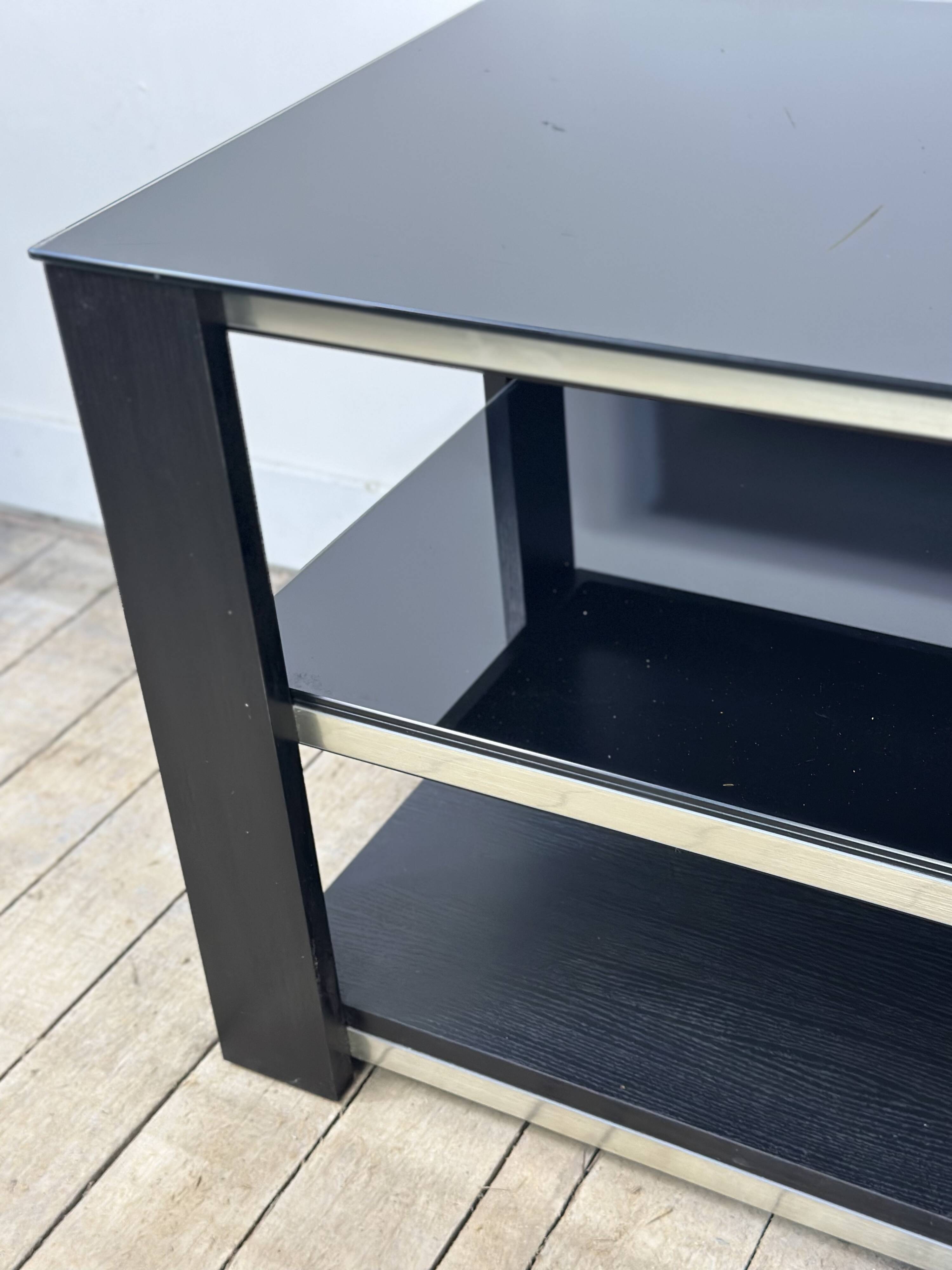 Tv hi-fi unit in black melamine and brushed aluminium, vintage 80s.