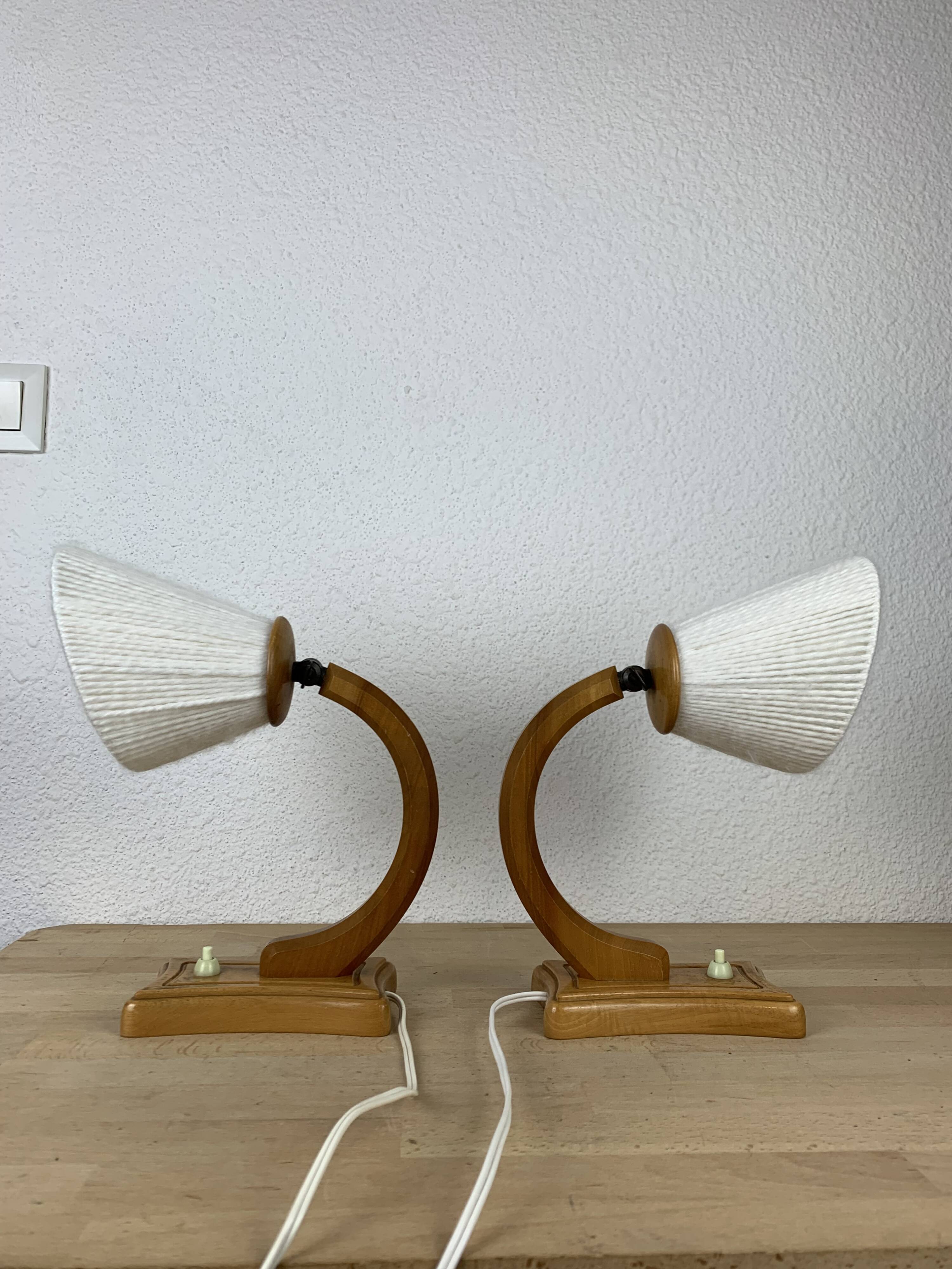 Pair of art deco lamps in curved wood and wool