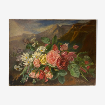 Old painting, still life with daisy roses and wild flowers, signed, early XX century