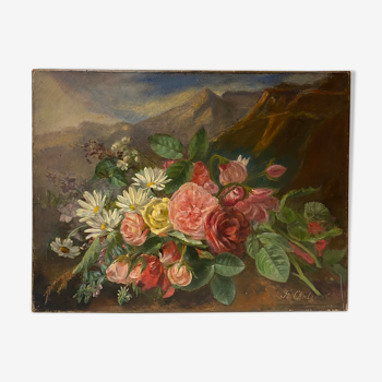 Tableau ancien, nature morte aux roses pâquerettes et fleurs sauvages, signé, début XX siècle