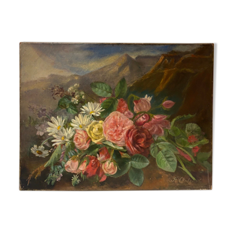 Tableau ancien, nature morte aux roses pâquerettes et fleurs sauvages, signé, début XX siècle