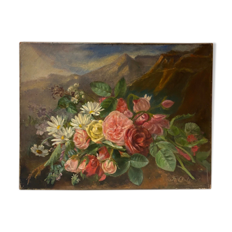 Old painting, still life with daisy roses and wild flowers, signed, early XX century