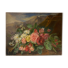 Tableau ancien, nature morte aux roses pâquerettes et fleurs sauvages, signé, début XX siècle