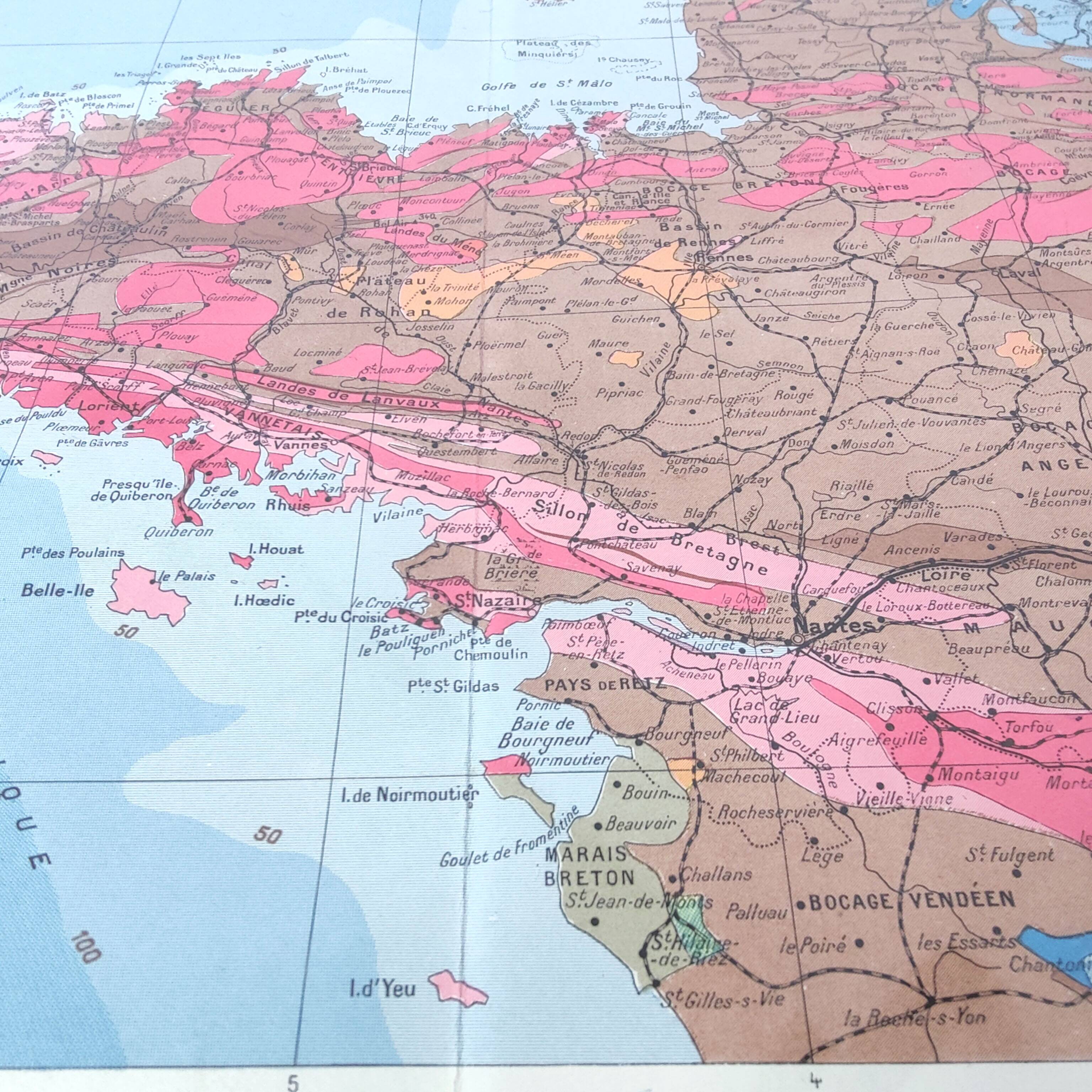 Brittany and Loire estuary map 43x43cm vintage from 1950