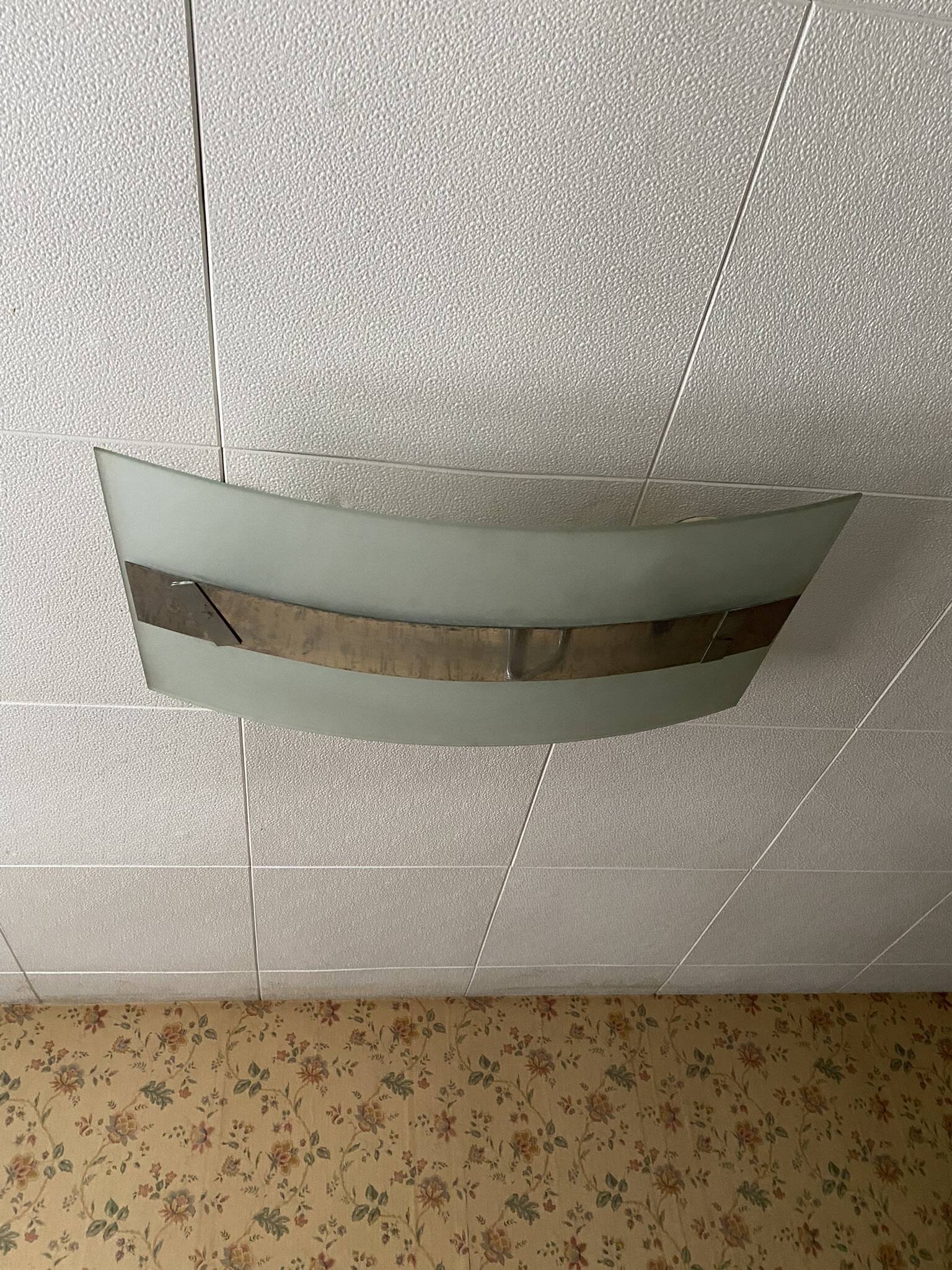 Rectangular ceiling light / chandelier in sandblasted glass and vintage Art Deco chrome