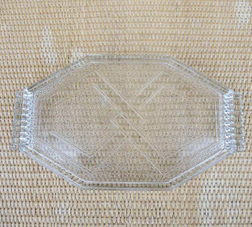 Vintage transparent glass platter in Art Deco style.