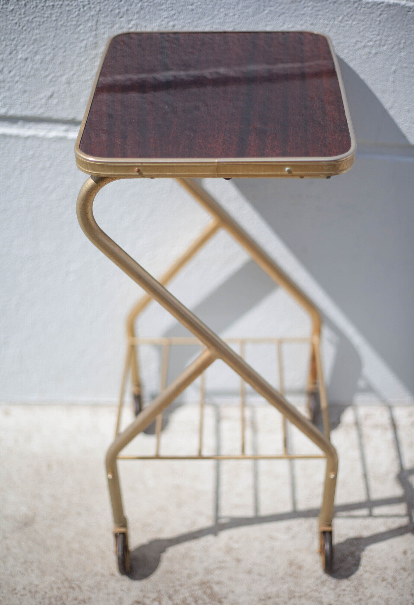 Metal wheeled tray with formica top, vintage wheeled cabinet, vintage side table