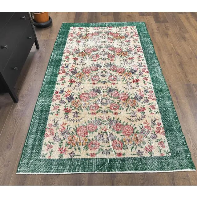 Turkish  Oushak vintage hand-knotted floral green rugs bordered 176x205