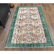 Turkish  Oushak vintage hand-knotted floral green rugs bordered 176x205