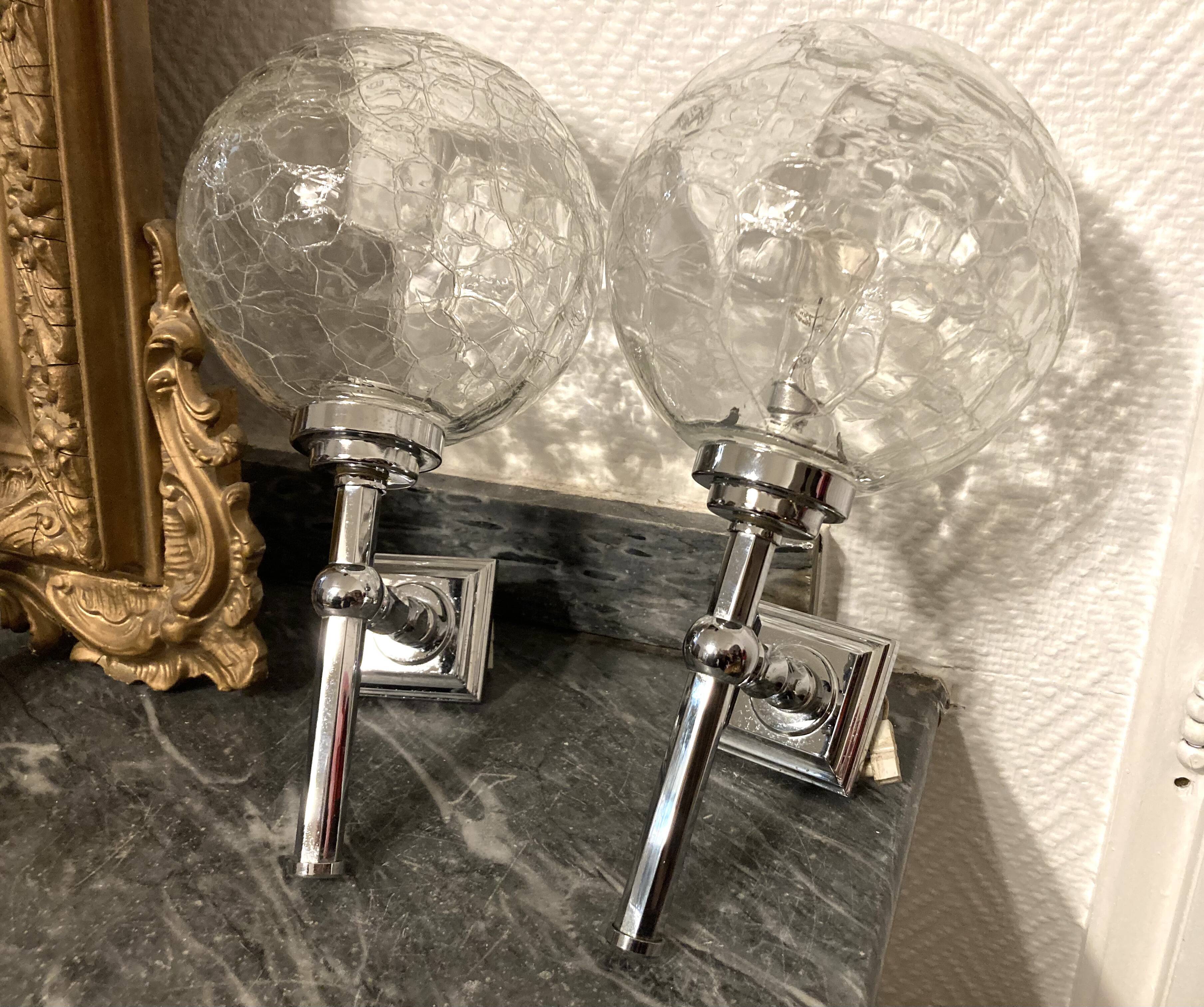 Pair of vintage wall lamps chrome metal and marbled glass