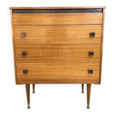 Commode mid-century en teck marron à 3 tiroirs, pieds fuselés années 1960