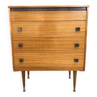 Mid-century brown teak chest of drawers with three drawers, tapered legs from the 1960s.