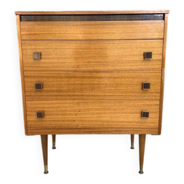 Mid-century brown teak chest of drawers with three drawers, tapered legs from the 1960s.
