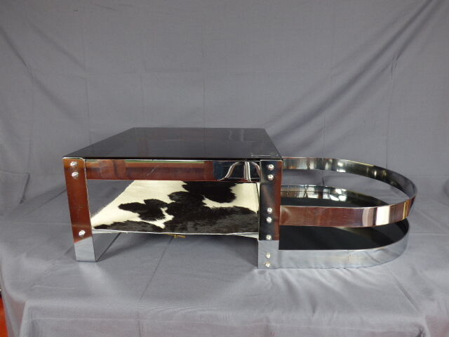 Table basse acier verre et peau, années 70