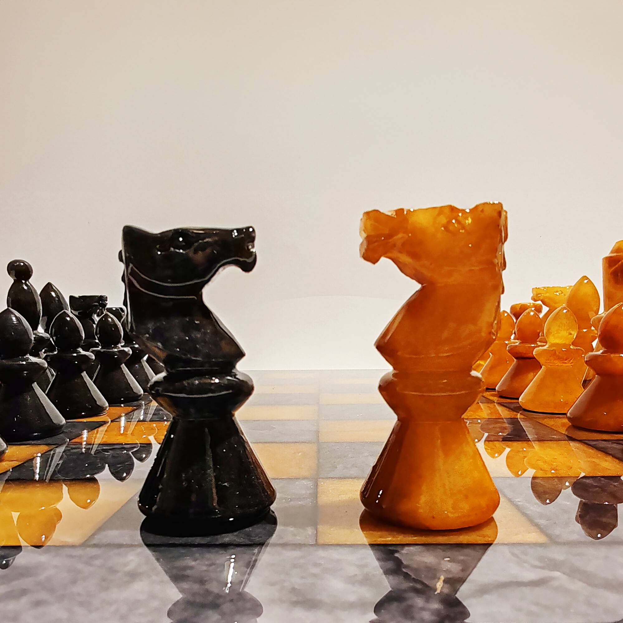 1970s Big Chess Set in Hand Carved Alabaster of Volterra - Black and Brown