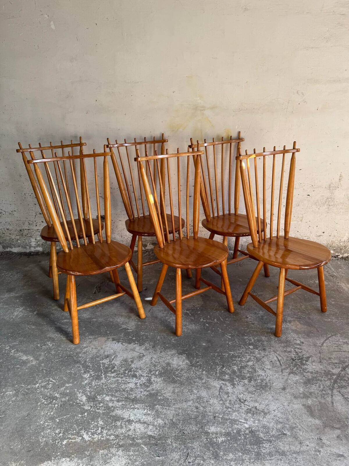 Set of 6 Honey Brown Solid Beech Wood Dining Chairs by De Ster Gelderland, 1960s