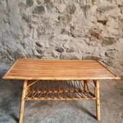 Vintage bamboo and rattan coffee table with magazine rack, French, circa 1960–1970.