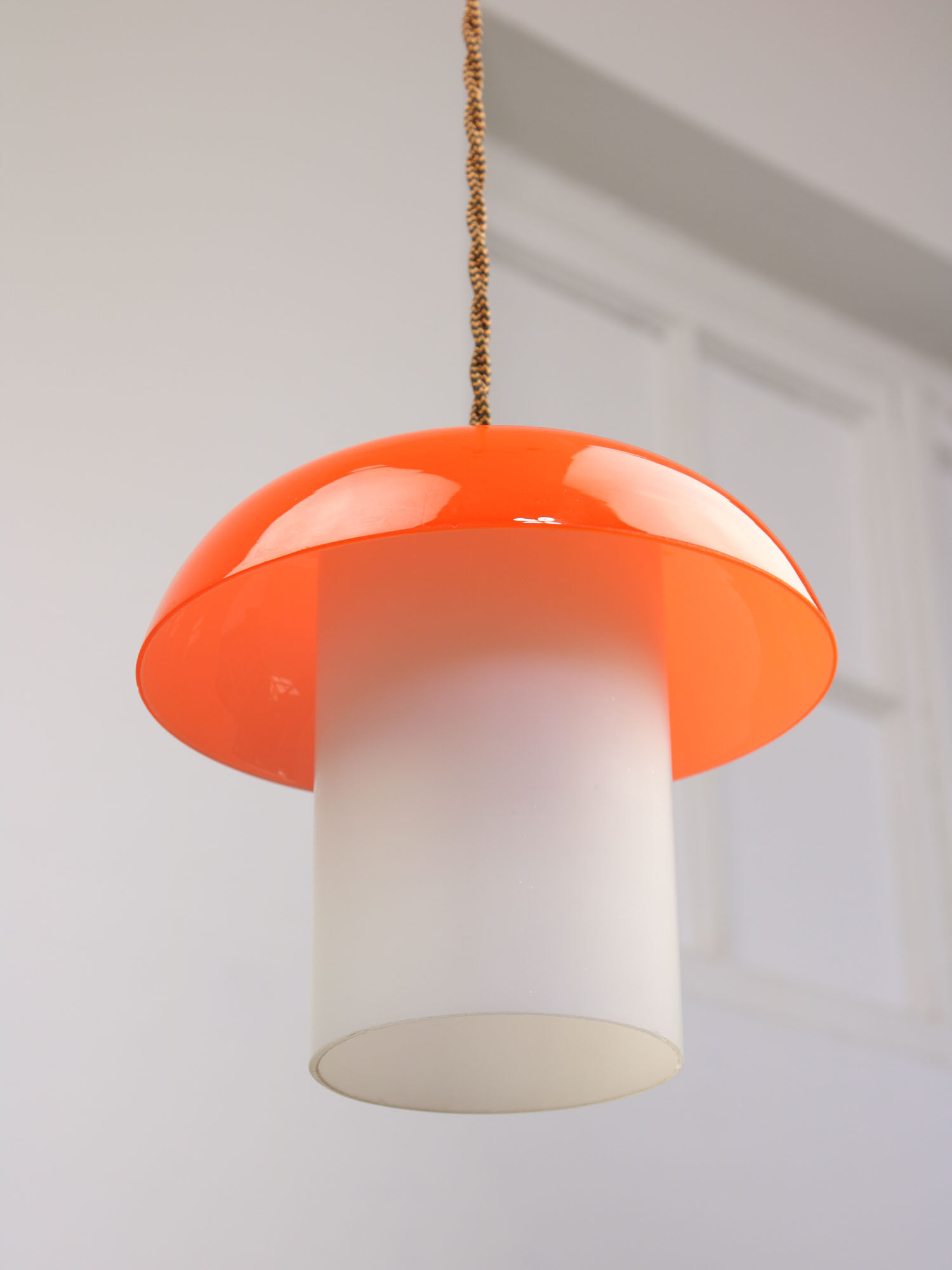 Mid-century orange glass & brass mushroom pendant lamp