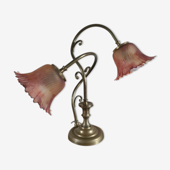 Art nouveau bronze lamp and tulip glass paste