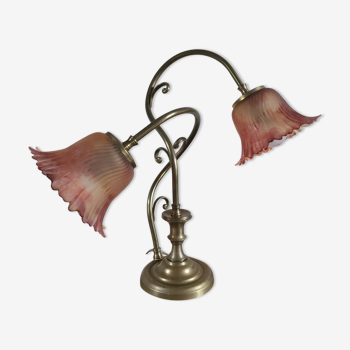Lampe art nouveau bronze et pâte de verre tulipes