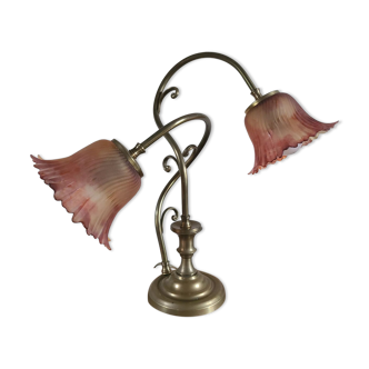 Lampe art nouveau bronze et pâte de verre tulipes