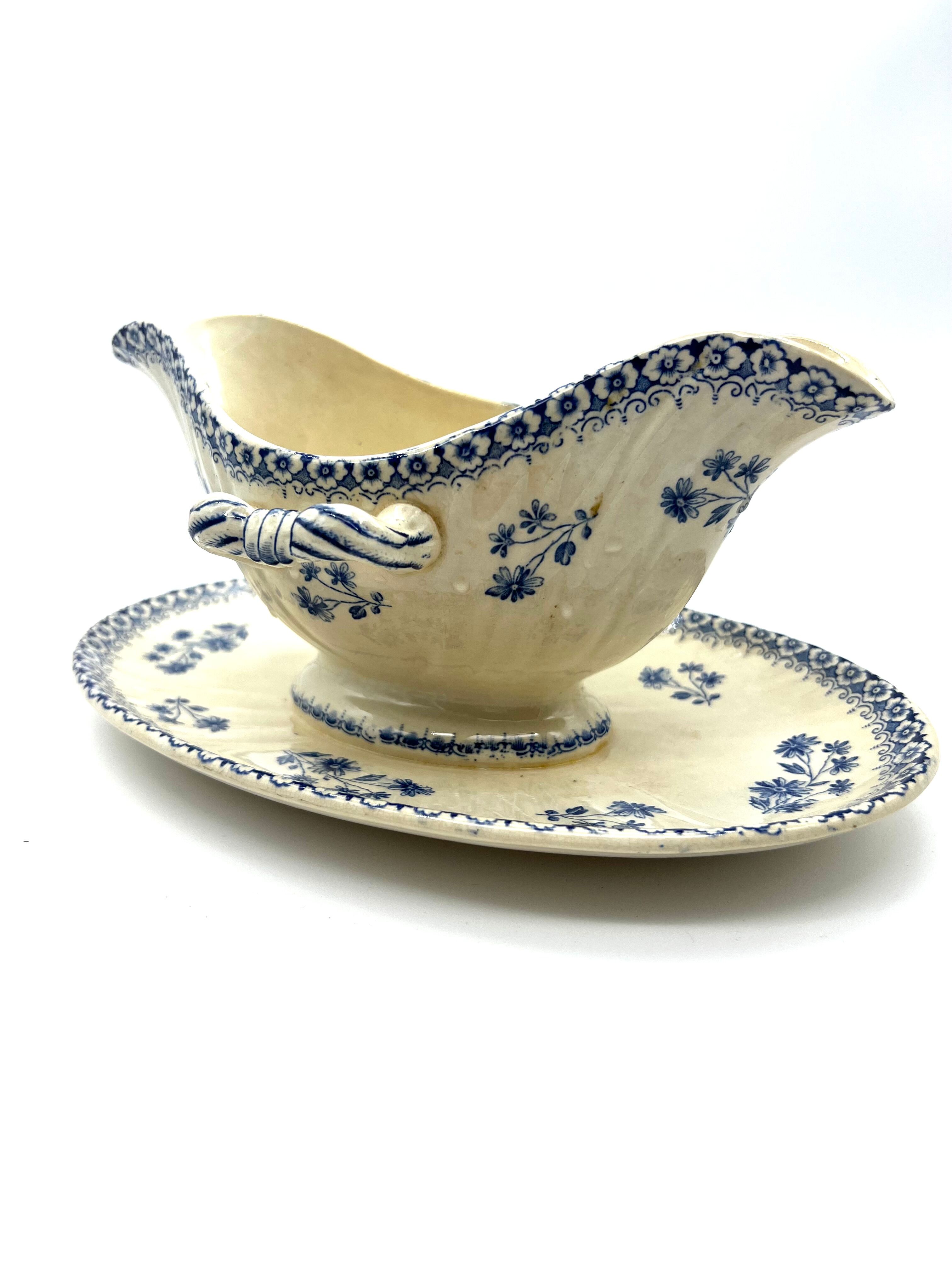 White and blue saucière in faience iron earth Boch Brother model Astre