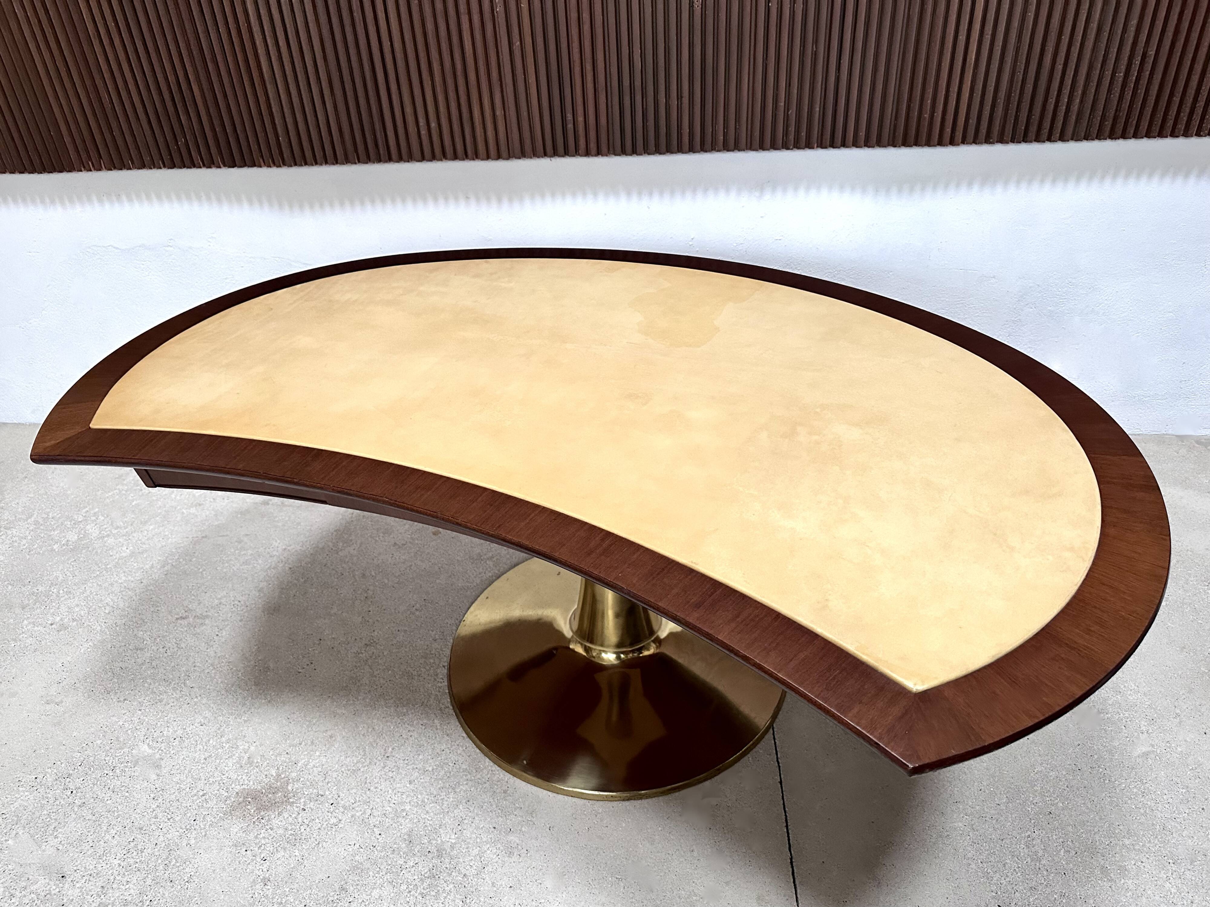 Large Italian Single Column Crescent-Shaped Desk in Goat Skin & Brass 1950s