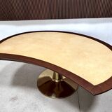 Large Italian Single Column Crescent-Shaped Desk in Goat Skin & Brass 1950s