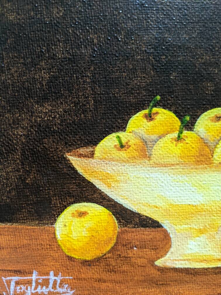Petit tableau huile sur toile nature morte jaune & marron esprit campagne