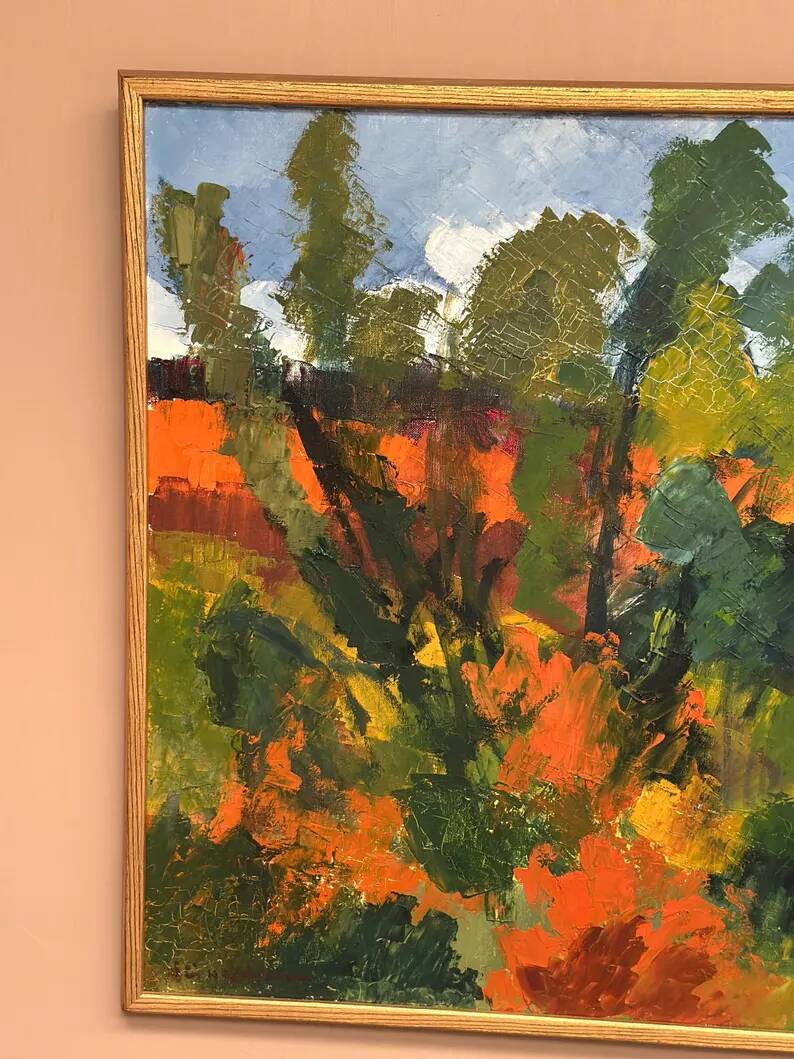 Swedish Oil on Canvas "Autumn Landscape" by Stig Hallblom, Vintage & Framed